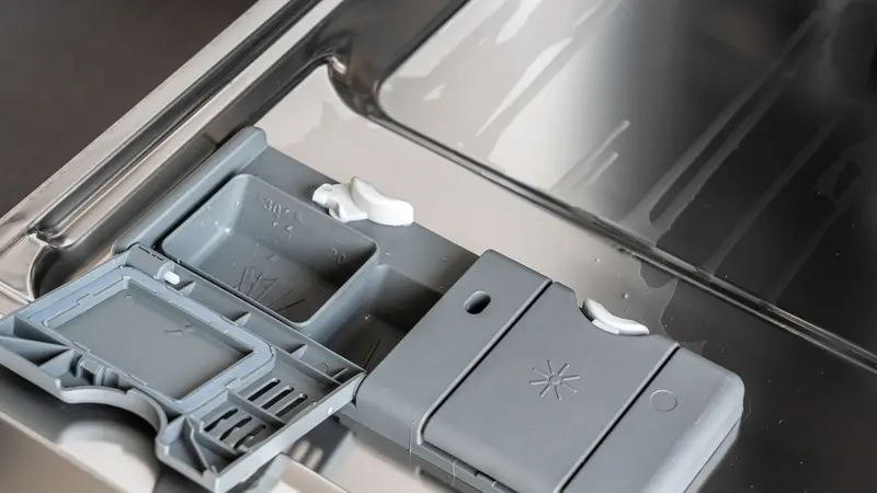 A detailed view of a dishwasher detergent compartment with soap residue.