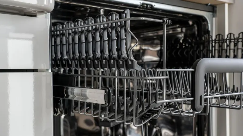 A detailed view of an empty modern dishwasher rack showcasing its stainless steel construction.