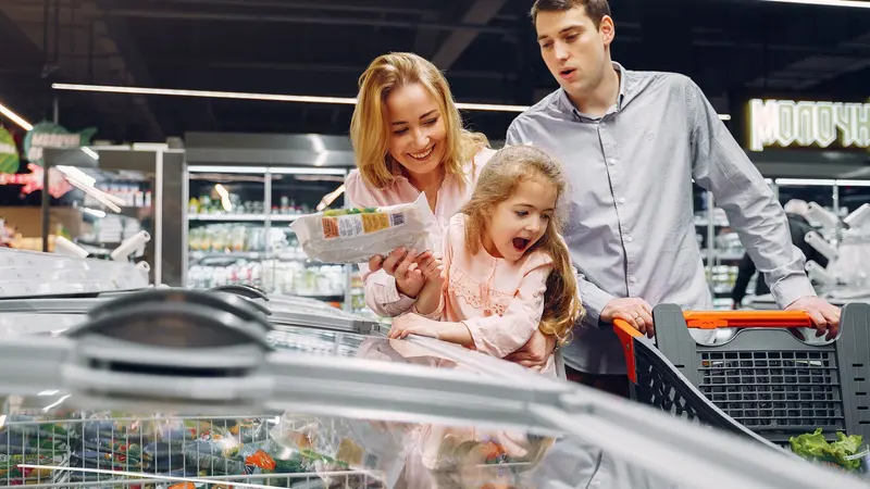 Happy family spending time together shopping at a grocery store.