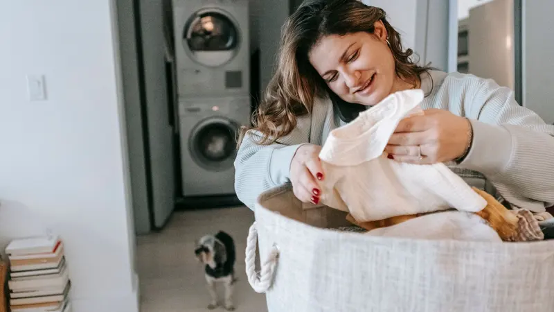 Optimistic female with clean clothes in basket having phone conversation while standing in light washroom with washing machines and dog